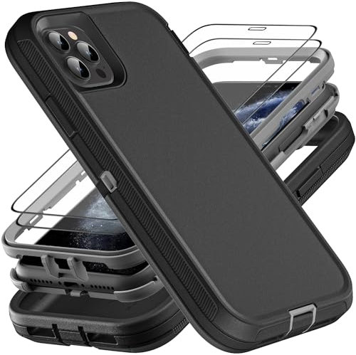 YKHJKLEC for iPhone 11 Pro Max Case, Military Grade 3 in 1 Heavy Duty Shockproof/Drop Proof/Dust Proof Case with 2Pcs Tempered Glass Screen Protector (Black/Grey)