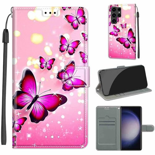 Handyhülle für Samsung Galaxy S24 Ultra Hülle, Samsung S24 Ultra Hülle, Premium Leder Flip Klappbare Stoßfeste Magnetische [Standfunktion] [Kartenfächern] Schutzhülle Tasche - Schmetterling