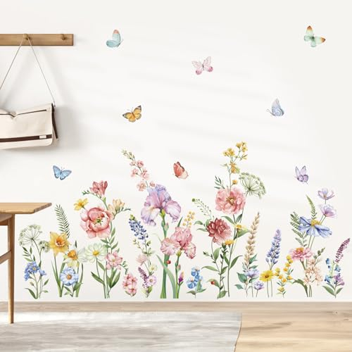 decalmile Wandtattoo Blumen Bunt Wandaufkleber Garten Blumen Schmetterlinge Wandsticker Kinderzimmer Mädchen Wohnzimmer Sofa Hintergrund Wanddeko