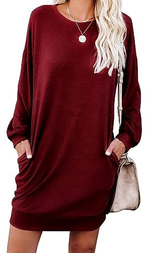 PrinStory Women Jumper Dress Long Sleeve Winter Dresses Casual Loose Mini Dresses Knitted Pullover Sweater Tunic Tops Basic Dress With Side Pockets UK Size 14-16 (Wine Red, L)