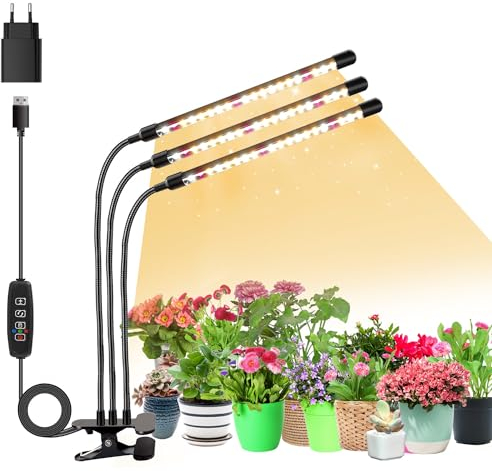 Niello LED Pflanzenlampe mit 3 Köpfen, Vollspektrum Wachstumslampe mit Timer, 3 Farbmodi & 10 Dimmstufen, Pflanzenlicht für Zimmerpflanzen, Anzucht, Gewächshaus & Hydrokultur