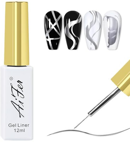 Metallic Nail Art Gel Liner - Silver Chrome 3D Effect 12ml Build in Thin Brush Metal Painting Drawing Striper - Classic Silver Gel Art Paint for Thin French Line - Nail Art Soak off UV Long Lasting