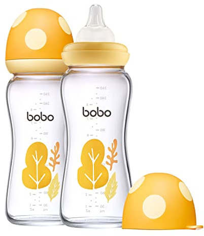 YOHKOH Natural Response Weithals-Babyflasche aus Glas, Anti-Kolik Baby Glas Flaschen mit Ultraweiches Silikon-Sauger, für Neugeborene Babys ab 1 Monat (Gelb, 260ml (2er Pack))