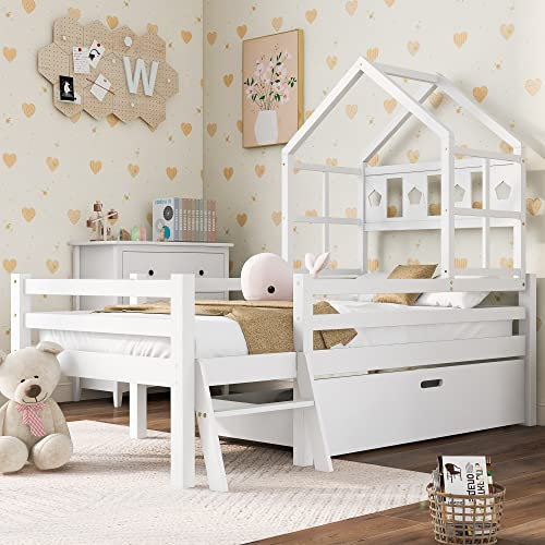 Cama infantil con escalera y cajones, incluye somier, cama alta de madera maciza con protección anticaídas, 90 x 200 cm