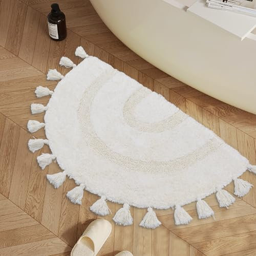 Halbkreis-Badematte, 100 % Baumwolle, Boho-Badteppich mit handgebundenen Quasten, elfenbeinfarbene weiße Bodenteppiche, 81,3 x 50,8 cm, halbrunde Badematte, rutschfeste waschbare Duschmatte,