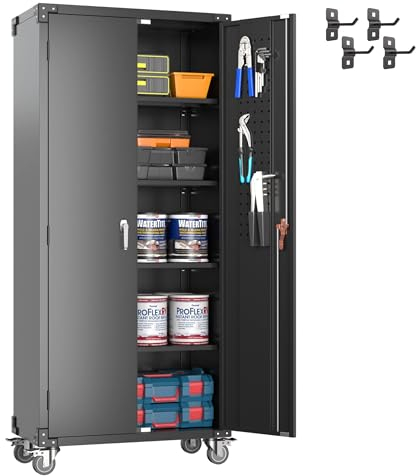 SUPEER Metallschrank mit Pegboard und Abschließbare Räder, 4 höhenverstellbaren Fachböden,Stahlblech Pulverbeschichtung,Stahlschrank Abschließbar für Werkzeuge,Garage183 x 80 x 40 cm(schwarz)