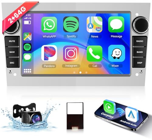 【2+64G】 Carplay Autoradio pour Opel Astra Meriva Zafira 2003-2011,Android Poste Radio Voiture,7 Pouce Touchsreen avec Android Auto/WiFi/GPS/RDS/FM/Bluetooth/USB+Camera de Recul,Argent