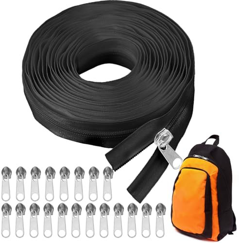 Endlosreißverschluss mit 20 Zipper, 10m Reißverschluss Meterware, Nylon Reißverschluss Endloses, 3.2cm Breit Endlos Reissverschluss mit Zipper, für Kleidung Bettwäsche Kissen, Schwarz