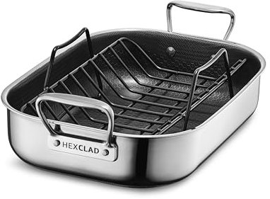 HexClad Hybrid Nonstick Small Roasting Pan with Rack, Great for Broiling and Large Poultry, Dishwasher-Friendly, Oven-Safe Up to 480°C