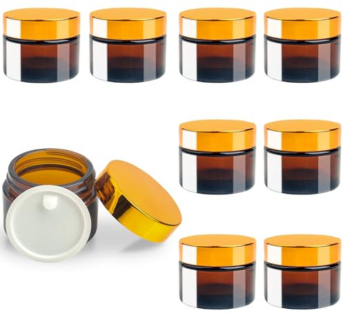 Roellgs 8 Pcs 50ml Amber Glass Jars, Brown Glass Cosmetic Tinted Jars, Empty Cosmetic Containers with Inner Liners and Black Lids for Lotions Cream Ointments Travel Makeup Beauty Storage