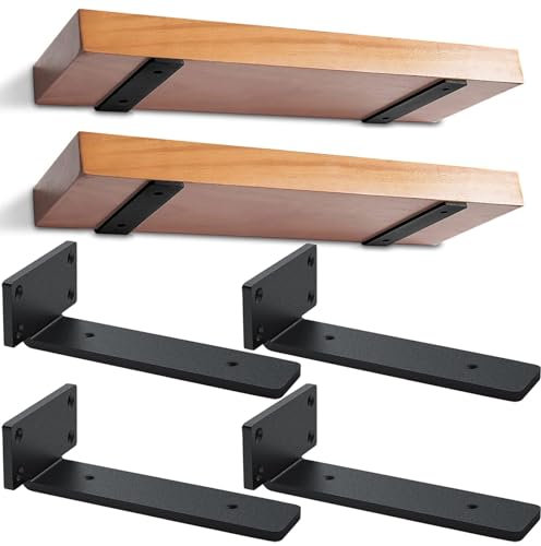 4 Pezzi Staffe per Mensole Pesanti, Staffa Angolare Nascoste Galleggianti, Supporto da Appendere Alla Parete, Staffa a L con Viti per Scaffali (Nero, 20cm)