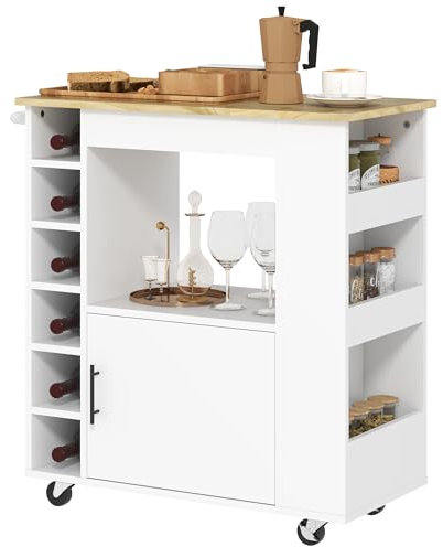 HOMCOM Küchenwagen Rollwagen mit Arbeitsplatte aus Holz, Ablagen, Weinregalen, Servierwagen, Küchenschrank auf Rollen mit Soft-Close-Scharnieren, Griff, Kücheninsel, 83x40x83cm, Eiche