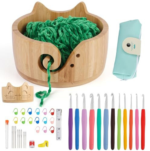 XIEJ Yarn Bowl Set, 3.94inchx6.69inch Yarn Bowls for Crocheting, Cat Patterns Knitting Bowl, Yarn Storage Bowls, Crochet Yarn Holder with Crochet Hooks Knitting Tools for Crocheters