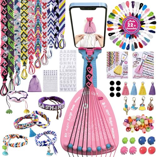 Freundschaftsbänder Bastelset, Freundschaftsarmband Knüpfen, Armbänder Selber Machen, Handwerksset für Mädchen 6 7 8 9 10 11 12 mit Handyhalter, 35 Garnbündeln, Quasten, Anhänger, Perlen, Geburtstags