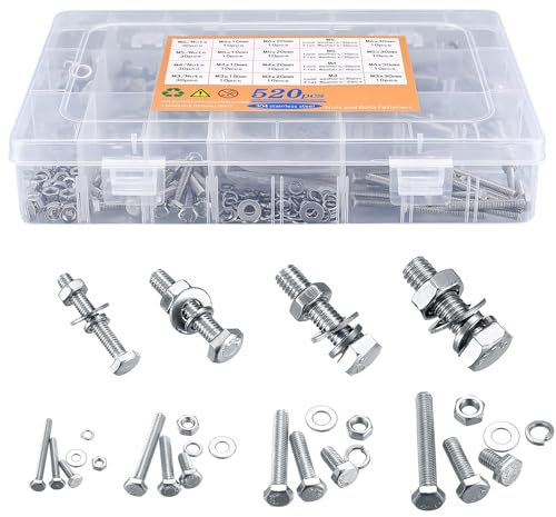Viti Bulloni e Dadi a Testa Esagonale, 520 Pezzi M3 M4 M5 M6 viti Bulloni e Dadi e Rondelle Set, Kit Viti Testa Esagonale in Acciaio Inox, Con Scatola Organizzativa