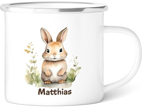 GRAVURZEILE Emaille Tasse für Kinder - Tiere Kaninchen - Personalisiert mit Namen - versch. Tiermotive zur Auswahl - 300 ml - Trinkbecher für Kinder - Geschenk für Jungen & Mädchen