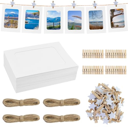 40 Stück Weiß Fotogirlande,Papier Fotorahmen,Fototaschen,DIY Kraftpapier Bilderrahmen mit 45 Stück Kleine Klammern für Fotos Aufhängen 4 Stück Fotoleine für Geburtstag Hochzeit Party Wand Deko