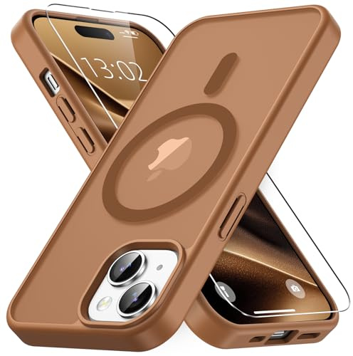 Vansdon Magnetisch für iPhone 15 Hülle-Kaffeebraun | mit 1 Schutzglas, Kompatibel mit Magsafe, Fallschutz nach Militärstandard, Transluzente Matt Rückseite Stoßfeste Handyhülle