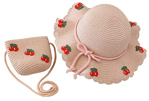 Hut, Tasche, Set, gewebt, breite Hüte, Mädchen, Kinder, Sonnenhut, Sommer, Strandhut, gewebte Tasche, Anzug, Outdoor-Aktivitäten, Kinder, Winterhandschuhe, Mütze, Schal, rose, Einheitsgröße