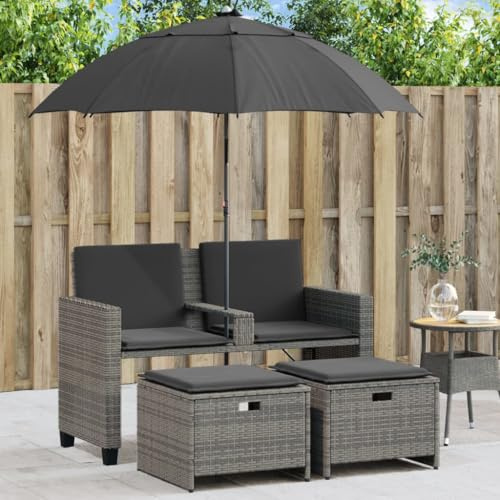 HaoChrymec Gartensofa 2-Sitzer mit Sonnenschirm und Hockern, Grau, PE-Rattan, UV-beständig, Lounge Möbel Outdoor, Balkon Sofa, Gartenmöbel Set, 120 x 61 x 80 cm