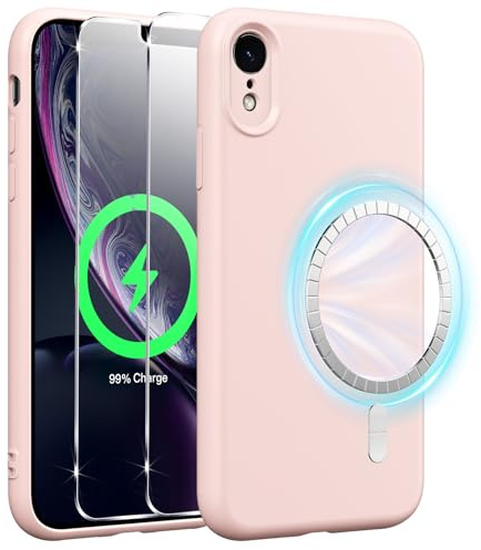 Xiltlly Coque Magnétique en Silicone pour iPhone XR 6,1 Pouces avec 2 Verre Trempé, Compatible avec MagSafe Aimants Intégrés, Étui Housse Antichoc Anti-Rayures Case pour iPhone XR, Rose
