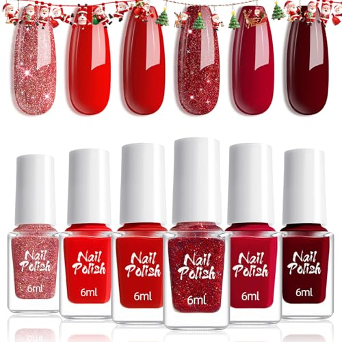 Red Nail Polish Set - 6Pcs Quick Dry & Long Lasting Pink Nail Polish - Christmas Wine Red Burgundy Nail Varnish, Maroon Nail Polish Set - Chip Resistant Breathable Nail Varnish Kit for Women