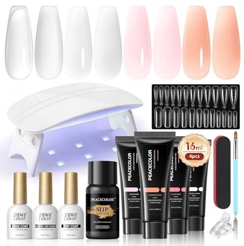 PEACECOLOR Poly Nail Gel Kit with U V Light, 4 Colours Clear Pink White Nude Gel Nail Kit,Nail Extension Gels with Glossy Matte Top Coat Base Coat Slip Solution Starter Manicure Kit for Beginners