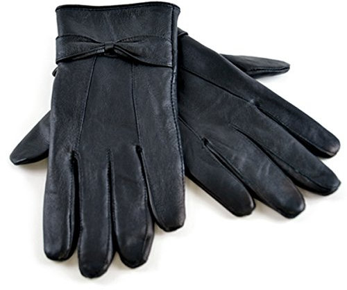 Damen weichen Fleece gefüttert, farbig, echtes Leder, Handschuhe mit Schleife, warm für den Winter, Schwarz