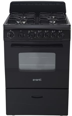 Avanti Gas Range Oven, Compact Freestanding Design, 4 Sealed Burners with Electronic Ignition, 2.6 Cu.Ft. Capacity Features Storage Drawer Broiler and Accessories, 24-Inch, Black