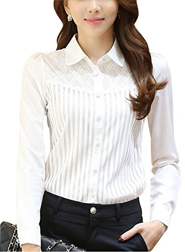 Putaowor Womens Chiffon Vintage Stand Collar Button Down Shirt Long Sleeve Lace Blouse with Stretch