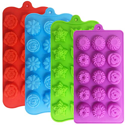 YuCool 4 Pièces moules en silicone en forme de fleur, Moules à Chocolat en Silicone, DIY Moule Forme en Silicone pour chocolats, bonbons, glaçons, gelées, savon fait main et bombes de bain