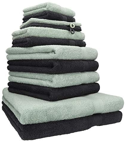 Betz 12-TLG. Handtuch Set Premium 100% Baumwolle 2 Duschtücher 4 Handtücher 2 Gästetücher 2 Seiftücher 2 Waschhandschuhe Farbe Graphit/heugrün
