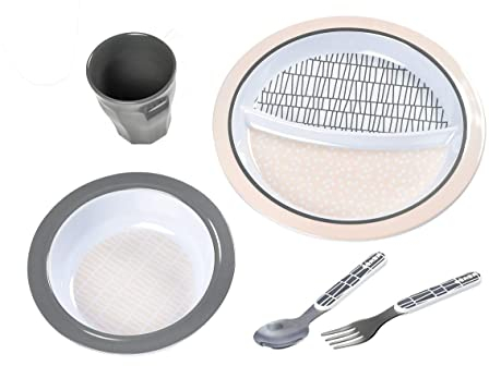 BÉABA, Coffret Cadeau Repas Enfant, Assiette deux compartiments, Bol, Couverts, Verre, Base anti-dérapante, Mélamine, Motif Pink Grid