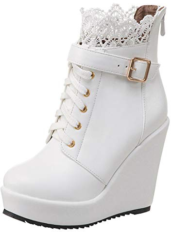 LUXMAX Stivaletti Donna Zeppa Alta Caviglia Stivali Plateau Tacco Alto con Stringate Cerniera Pizzo Fibbia (Bianco) - 36 EU