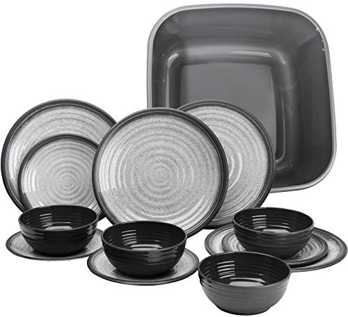 Melamin Camping Geschirr für 4 Personen in Grau 13 Teile - mit Waschschüssel - mit je 4 großen Teller, 4 Dessertteller, 4 Schälchen - sehr robust dickwandig - farbecht - modernes Design - leicht