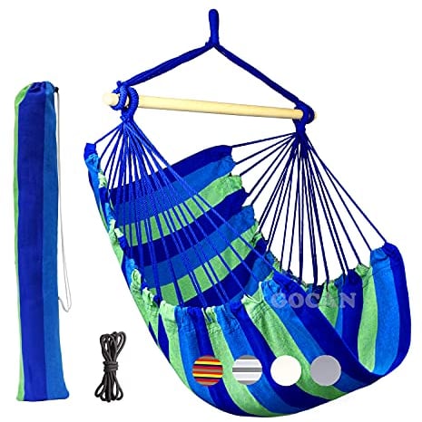 GOCAN Hängemattenstuhl Große Hängemattenschaukel, 110 x 150cm Last 150kg, Baumwoll-Hängesessel Hartholz-Spreizstange Breiter Sitzschaukelstuhl(Blau Grün)