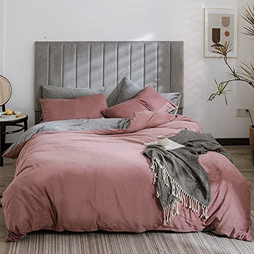 Lanqinglv Warme Winter Kissenbezug 40x80cm Rosa Grau Biber Plüsch Fleece Wende - Kopfkissenbezug mit Reißverschluss Kissenhülle Doppelpack,2er Set