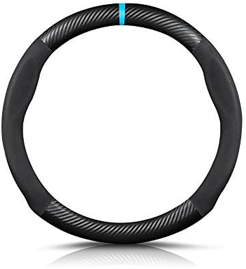 Ergocar Runde Forme Kohlefaser und Mikrofaser PU Leder Lenkradbezug Anti-Rutsch Atmungsaktiv lenkradhülle Schweißabsorbierend Sport Für Durchmesser 38cm(15)-Schwarz Blau