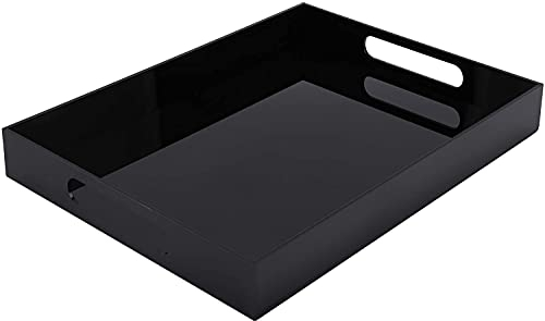 WUWEOT Acrylic Serving Tray, 40 x 30cm Spill Proof Rectangle Tray with Handle for All Occasion's, Decorative Tray Organiser for Food, Tea, Breakfast, Ottoman or Coffee Table, Black