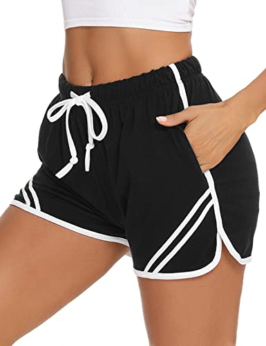 Litherday Kurze Sporthose Damen Kurz Jogginghose Laufshorts Baumwolle Sporthose Sommer Traininghose mit Taschen， Schwarz, L