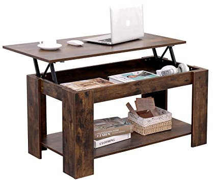 BESTWANTED Hubtisch, Couchtisch aus Holz, mit verstecktem Ablagefach und separatem Regal, rechteckiger Mitteltisch für Wohnzimmer (braun)