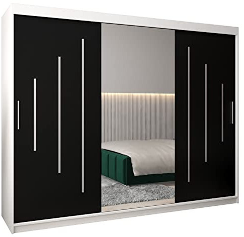 MEBLE KRYSPOL York 1 250 Schlafzimmerschrank mit DREI Schiebetüren, Spiegel, Kleiderstange und Regalen – 250x200x62cm - Mattweiß + Mattschwarz