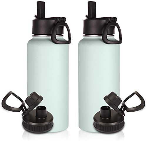 Volhoply 1 Litre Insulated Water Bottles Bulk 2 Pack with Straw & Spout Lid,Stainless Steel Sports Water Bottle,Double Wall Vacuum Tumbler,Leakproof Wide Mouth Metal Flask for Hiking,Camping(Fog,2)