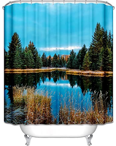 EHOMERY Duschvorhang Zum Runterziehen Dusch Für Badewanne Vorhang Wald Am See Duschvorhang Jalousie Duschrollo Gebogen Polyester Rostfreie Ösen Und 12 Hakenringe, 180X200Cm