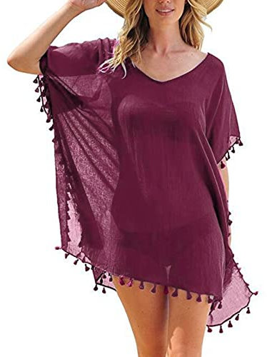 Women's Up Bikini Chiffon Kaftan Tassels Cover Trim Beach Swimwear Tops Loose Plus Size Swimwear Puff Sleeve Bikini (Watermelon Red-B, One Size)