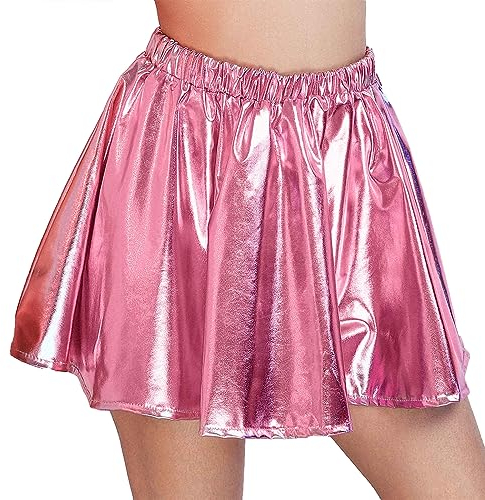 Zookey Gonna svasata a pieghe da donna, gonna a trapezio metallizzata, a vita alta, per donne e ragazze, rosa, Taglia unica