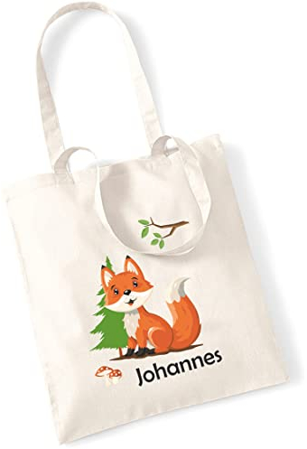 minimutz Jutebeutel mit eigenem Namen bedruckt | Motiv Fuchs im Wald | große Stofftasche Baumwolle | Personalisierter Kitabeutel Mädchen Jungen (natur)