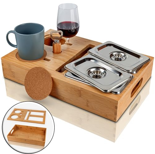 VON STEINEICH® Couchbar - das Sofatablett mit Snackbox | Couch Bar [Holz] mit Edelstahl Fächern für Getränke & Snacks | Couch Bar & Sofa Tablett ideal als Candy Bar oder als Geschenke für Männer