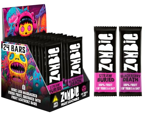 Zombie Fruit Bars, Strawberry & Blackberry (24 Bars, 2 Flavours), 100% Dried Fruit, Healthy Snacks for Adults, Kids, Low Calorie, Gluten Free, Vegan, Halal, Bulk, Real Fruit, No Added Sugar, Natural