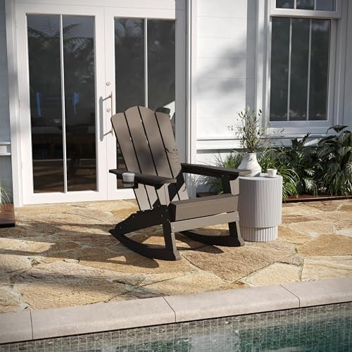 Taylor & Logan Nellis Adirondack Schaukelstuhl mit Getränkehalter, wetterbeständiger HDPE Adirondack Schaukelstuhl in Braun